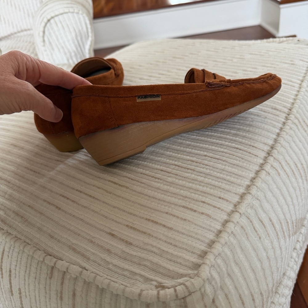 Golden Road Cognac Faux Suede Wedge Loafers | Dark Academia penny loafer 8 - Picture 4 of 14